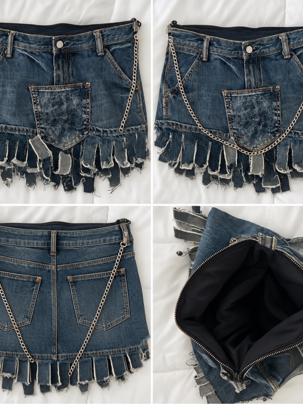 Denim Fringe Mini Shorts Cross Body Bag with Chain - Blue